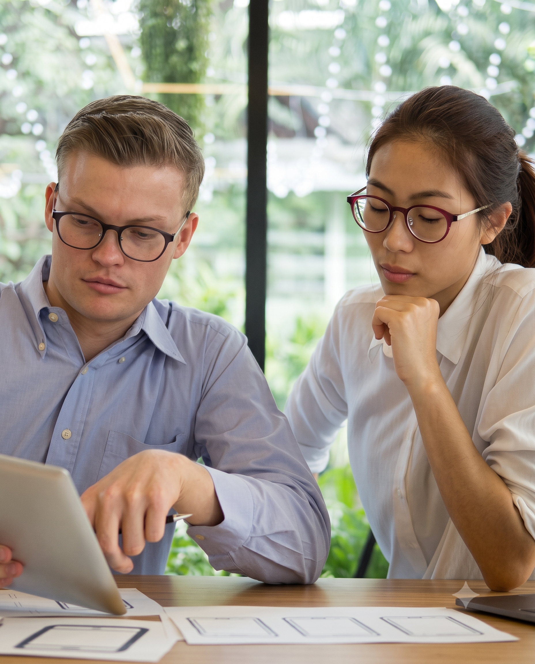 Two colleagues at a shared workspace reviewing work together — one holds a tablet displaying documents while the other considers the screen with a thoughtful expression.
