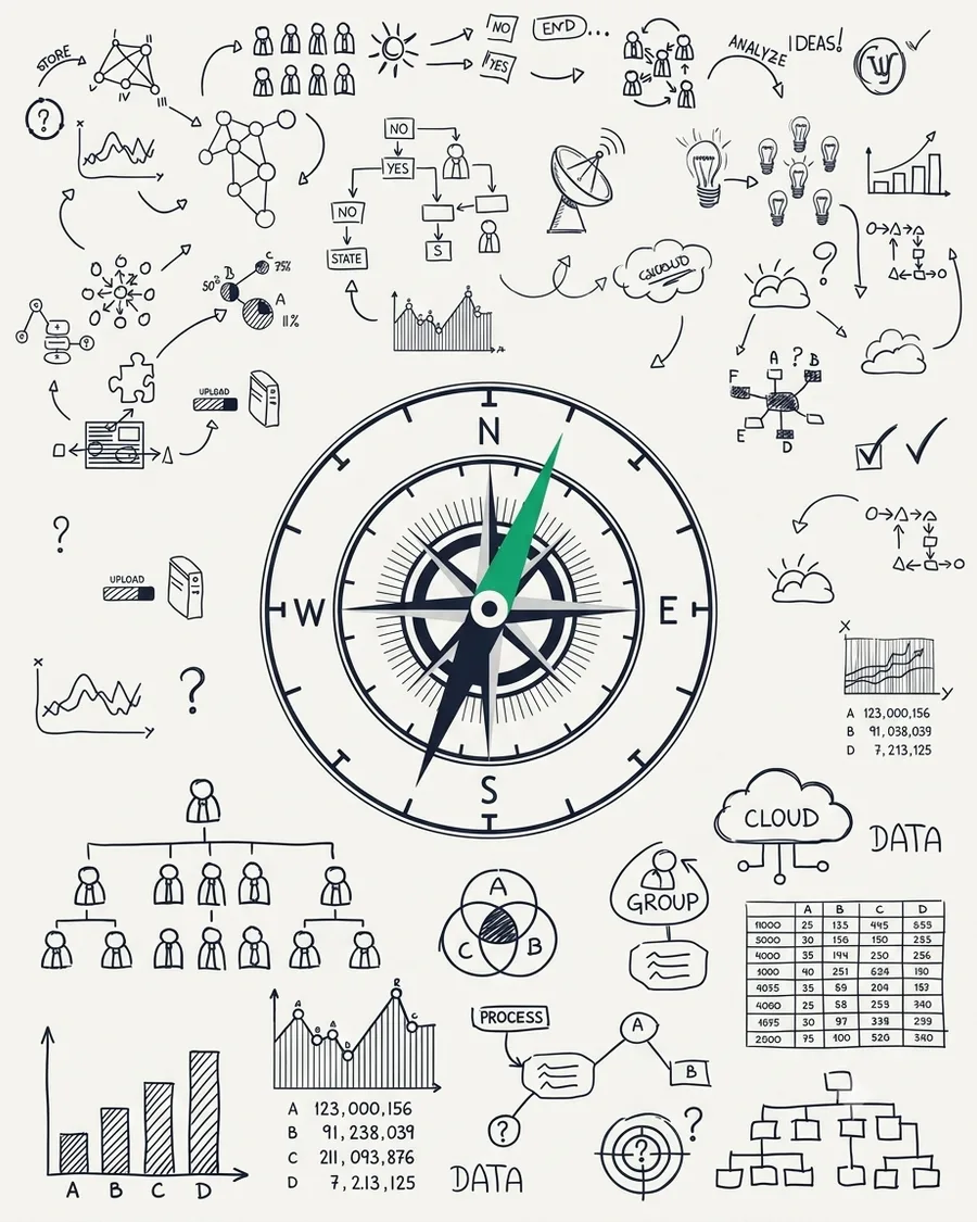 Illustration of a compass surrounded by hand-drawn business diagrams representing operational systems thinking