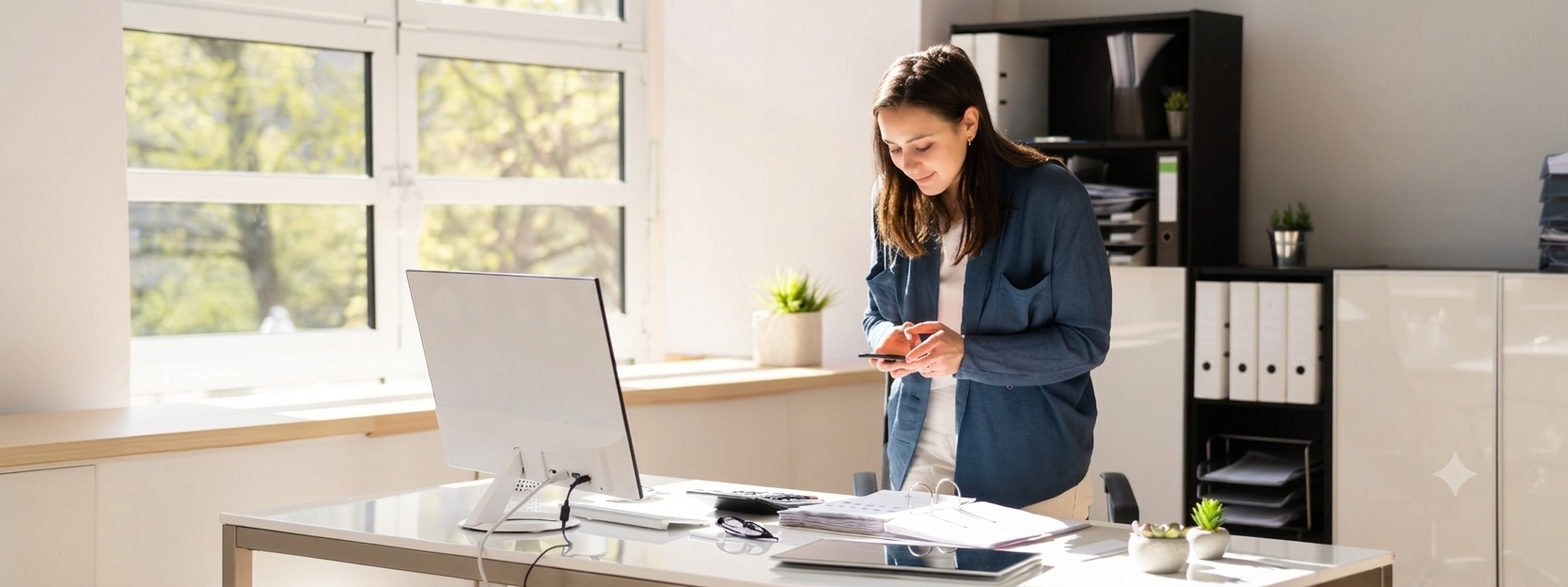 A woman working at a desk in a small office, referencing information on her phone alongside papers and a monitor — the operational rhythm of a calm working week.